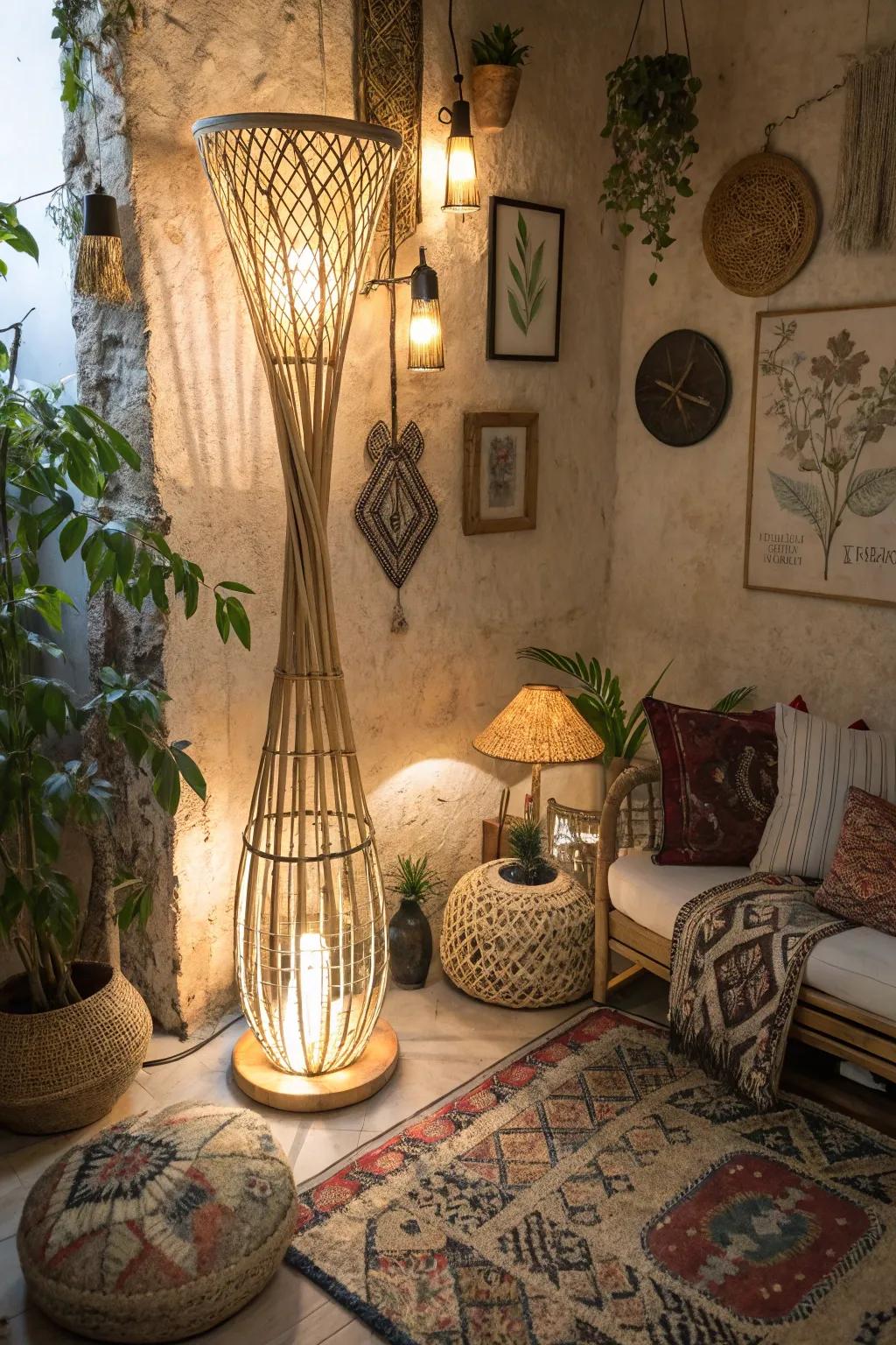 A stylish rattan floor lamp in a boho-themed room corner.