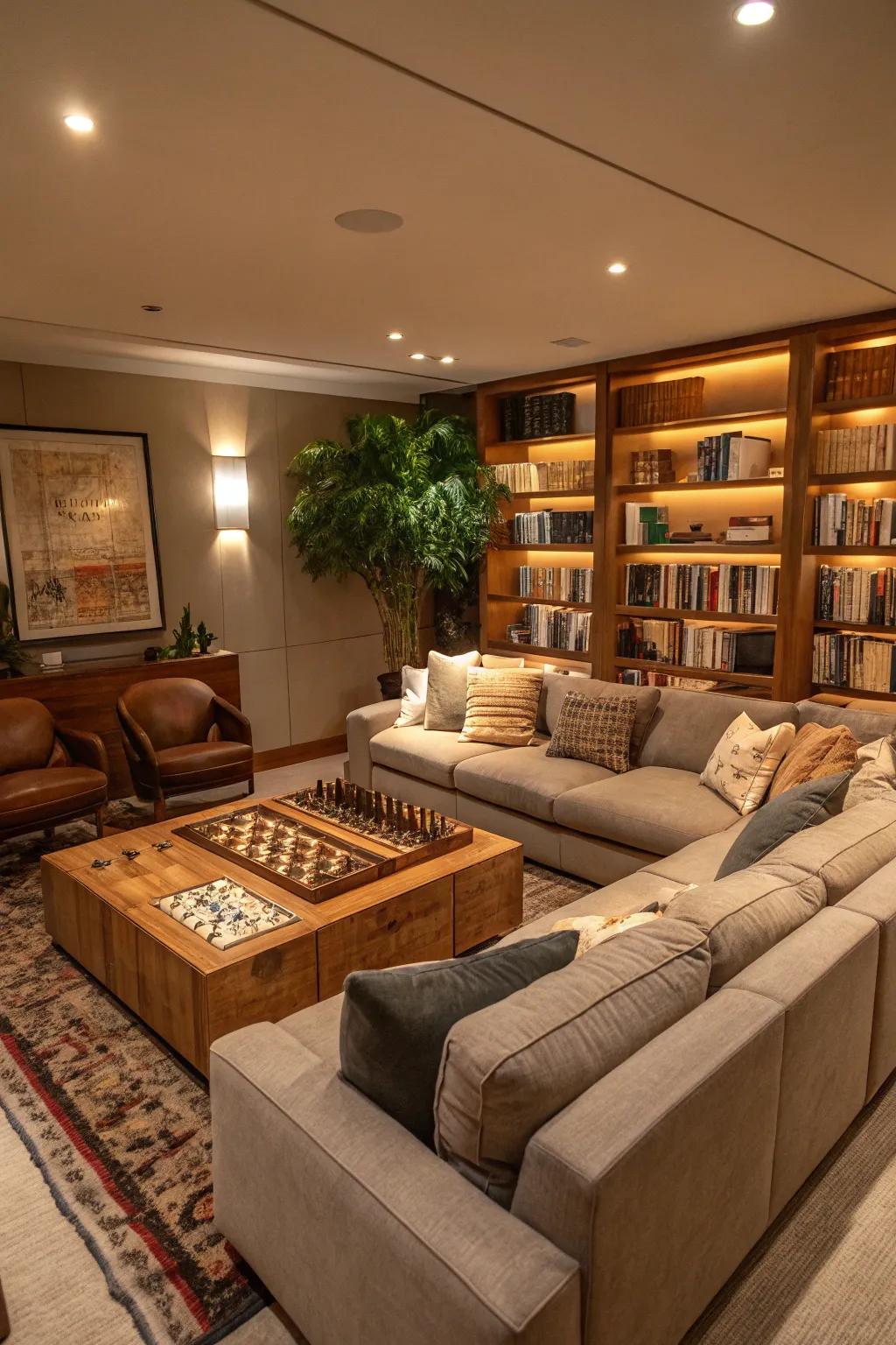 A comfortable lounge area perfect for relaxing in a game room.