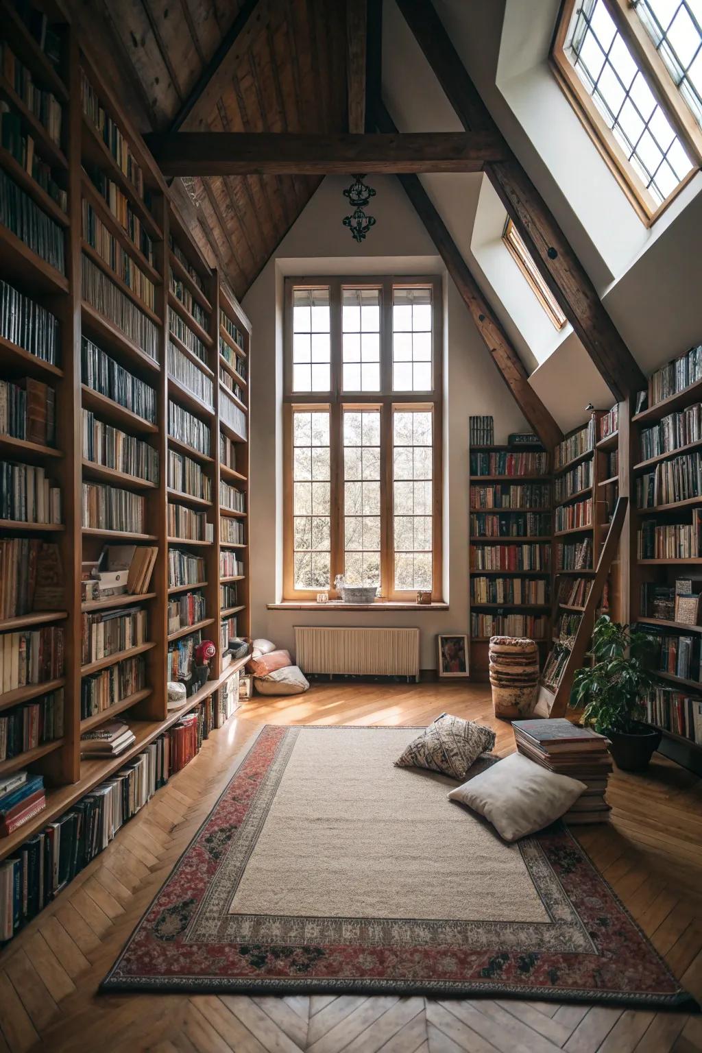 A loft transformed into a personal library, ideal for book lovers.