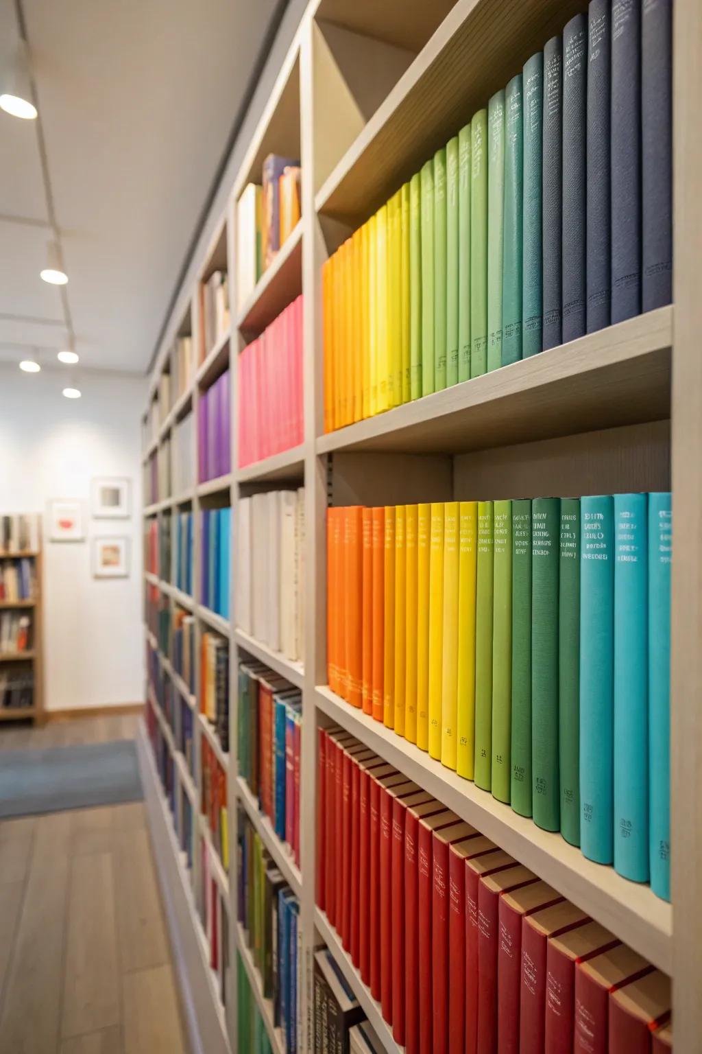 A vibrant rainbow of books creating a cohesive visual effect.