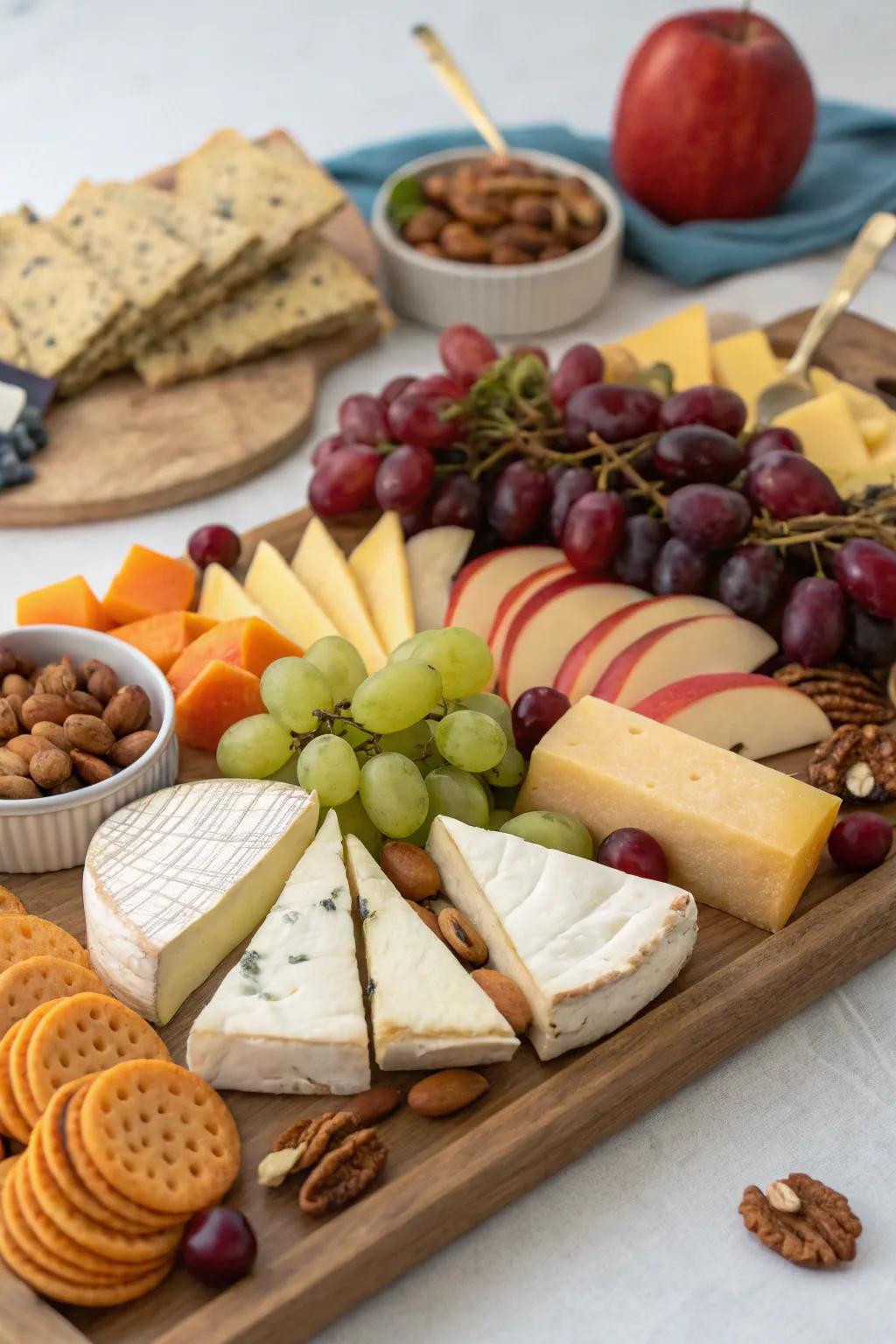 A beautifully arranged cheese and charcuterie board.