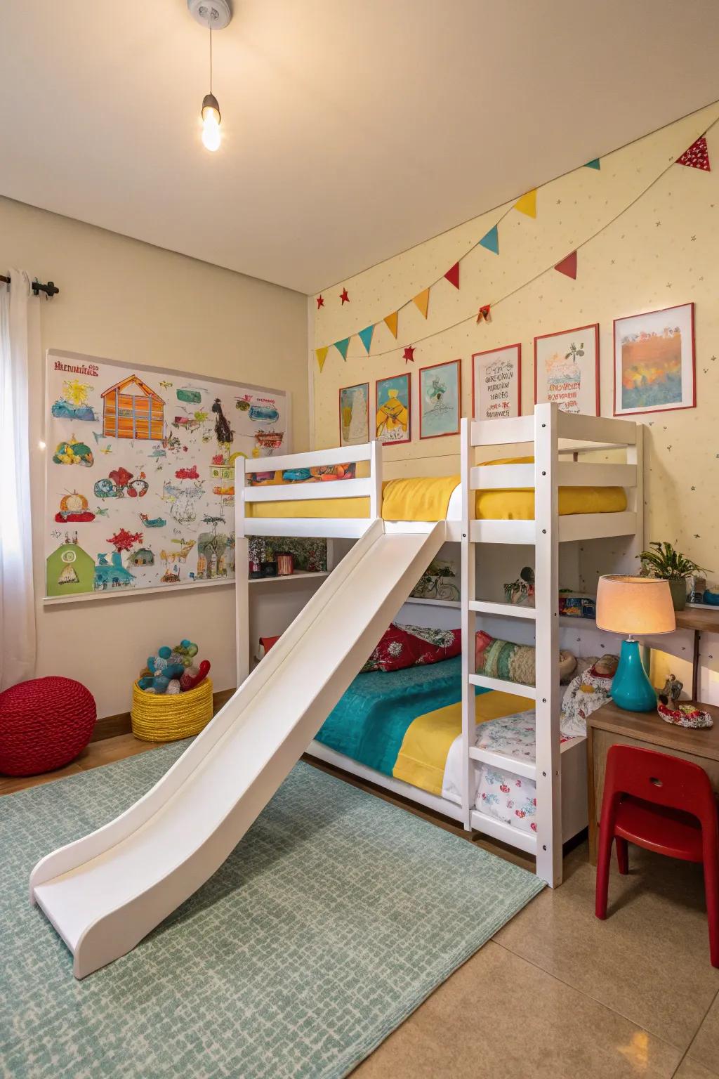 A bunk bed with a slide adds a playful touch to any shared room.