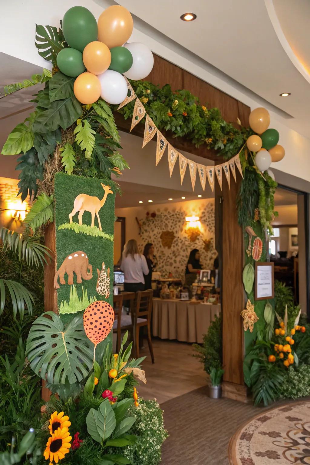 Safari-themed baby shower with lush greenery and playful animal decor