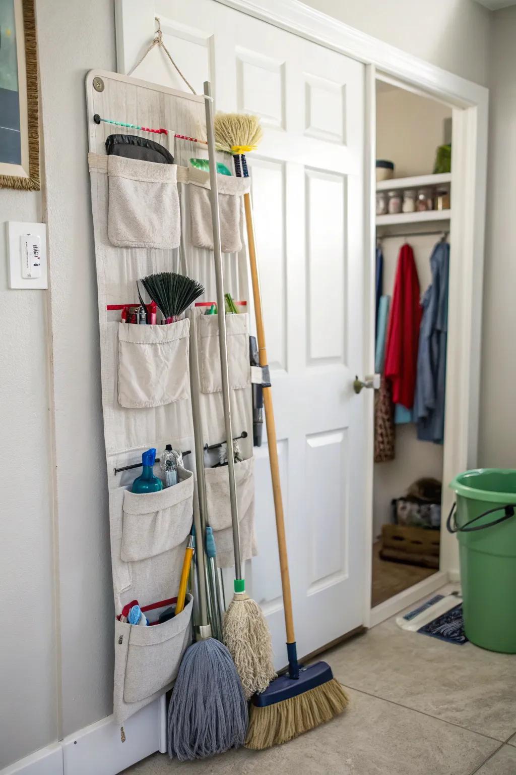 Over-the-door organizers offer hidden storage for cleaning tools.