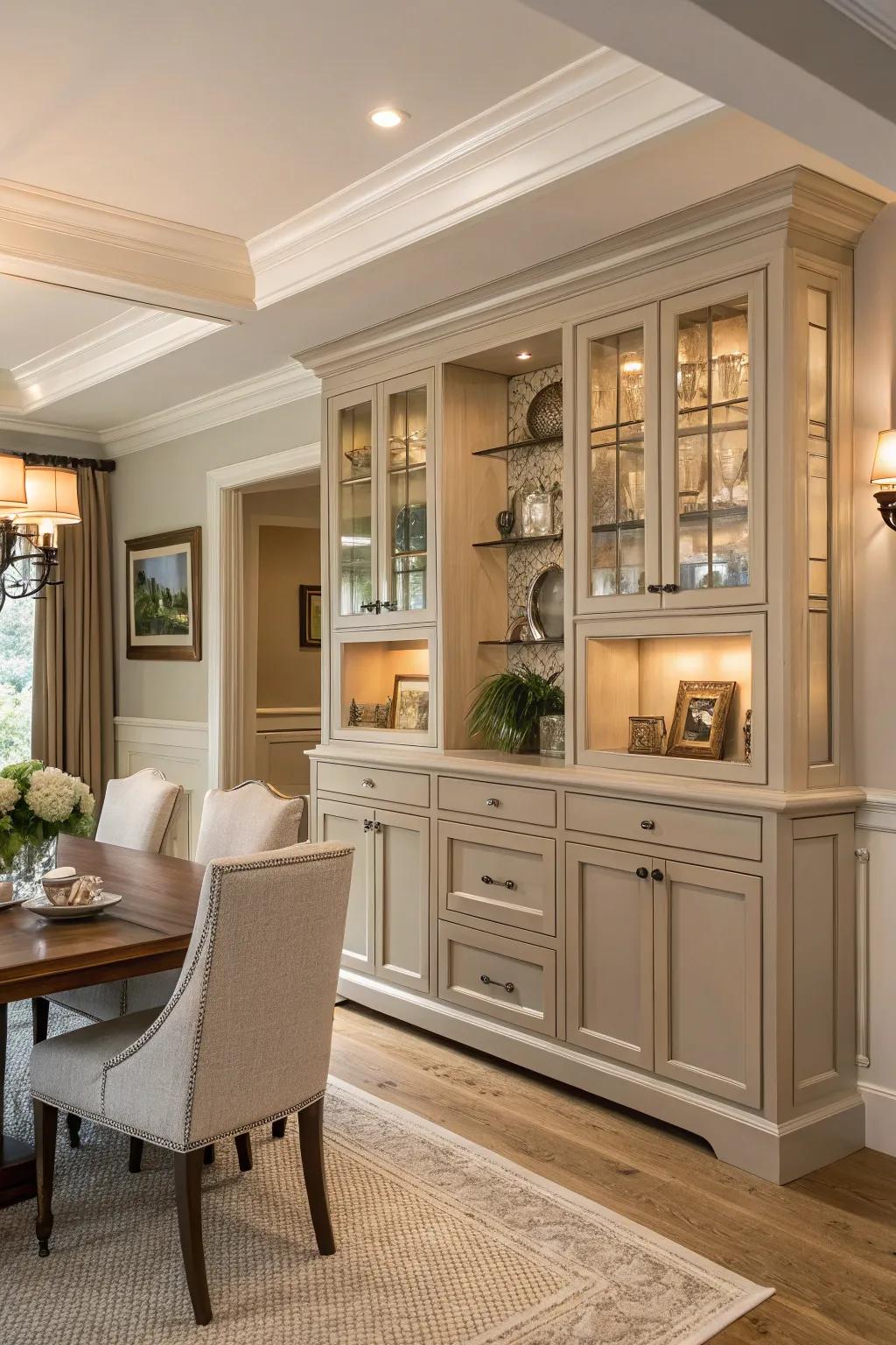 Timeless dining room with neutral-colored built-in cabinets.