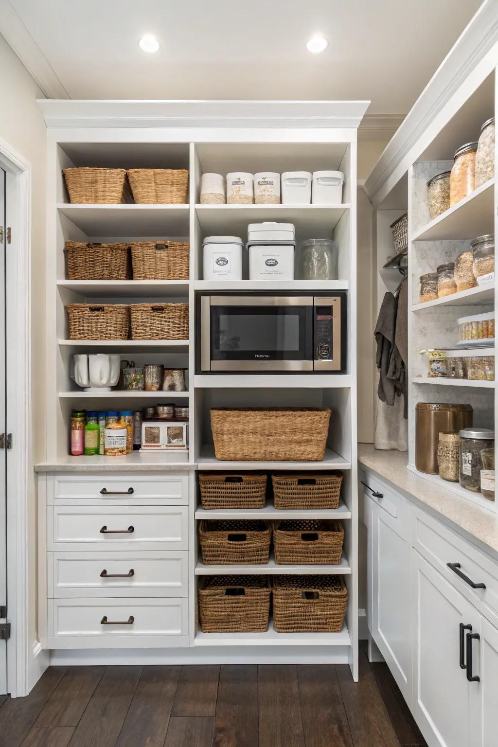 A microwave neatly integrated into a spacious pantry.