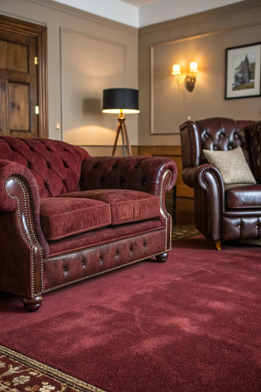 A mix of textures with velvet and leather complements the rich burgundy carpet.