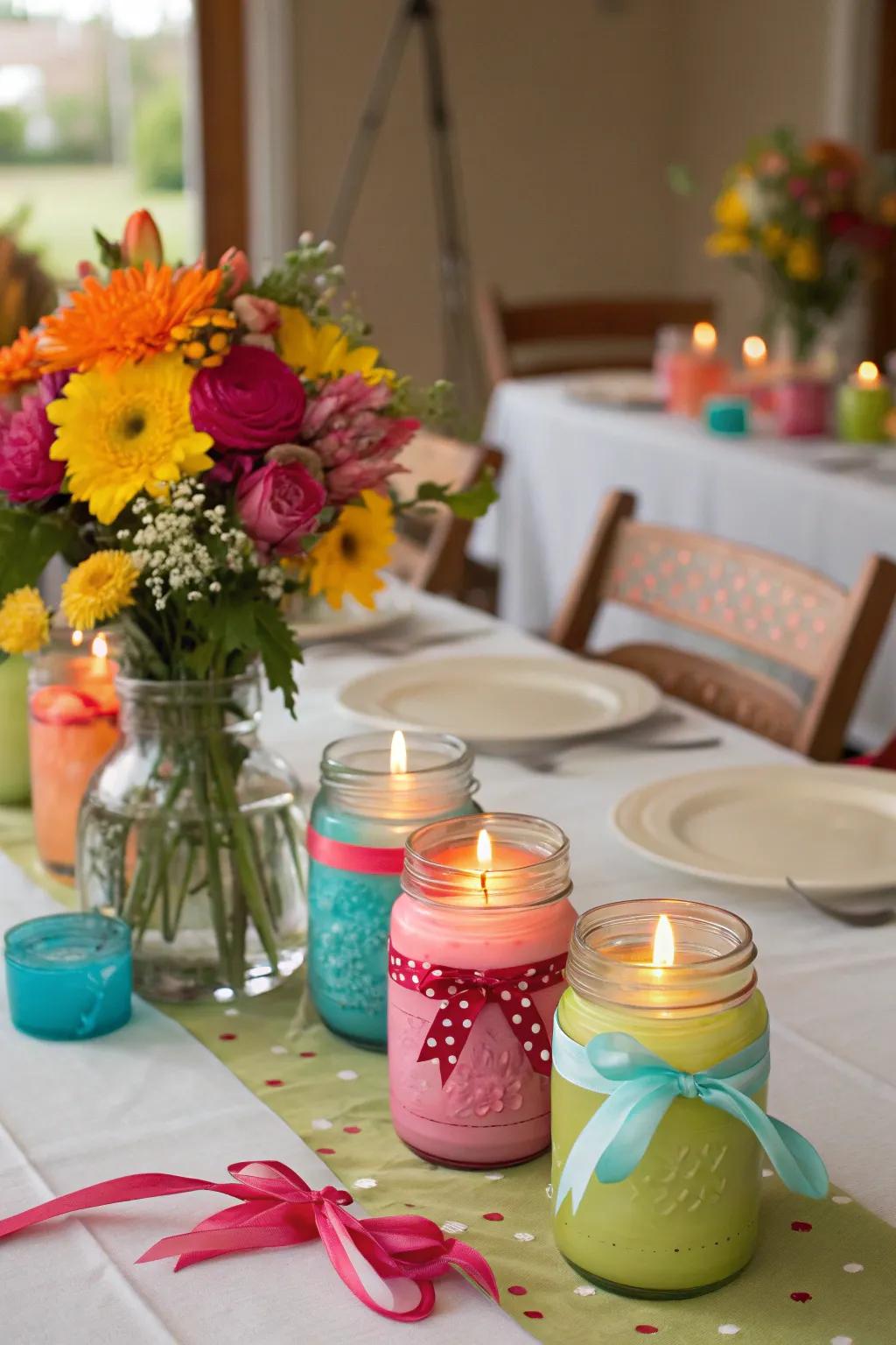 Brighten your table with colorful mason jar candle holders.