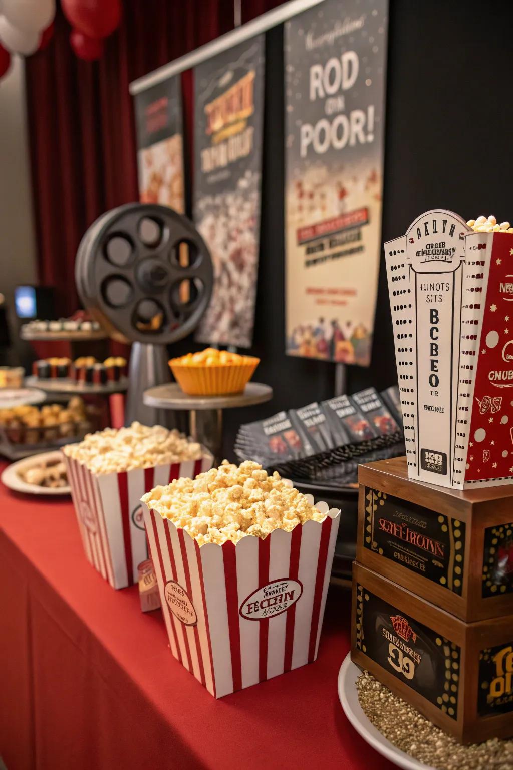 A movie night candy bar with classic cinema snacks and retro charm.