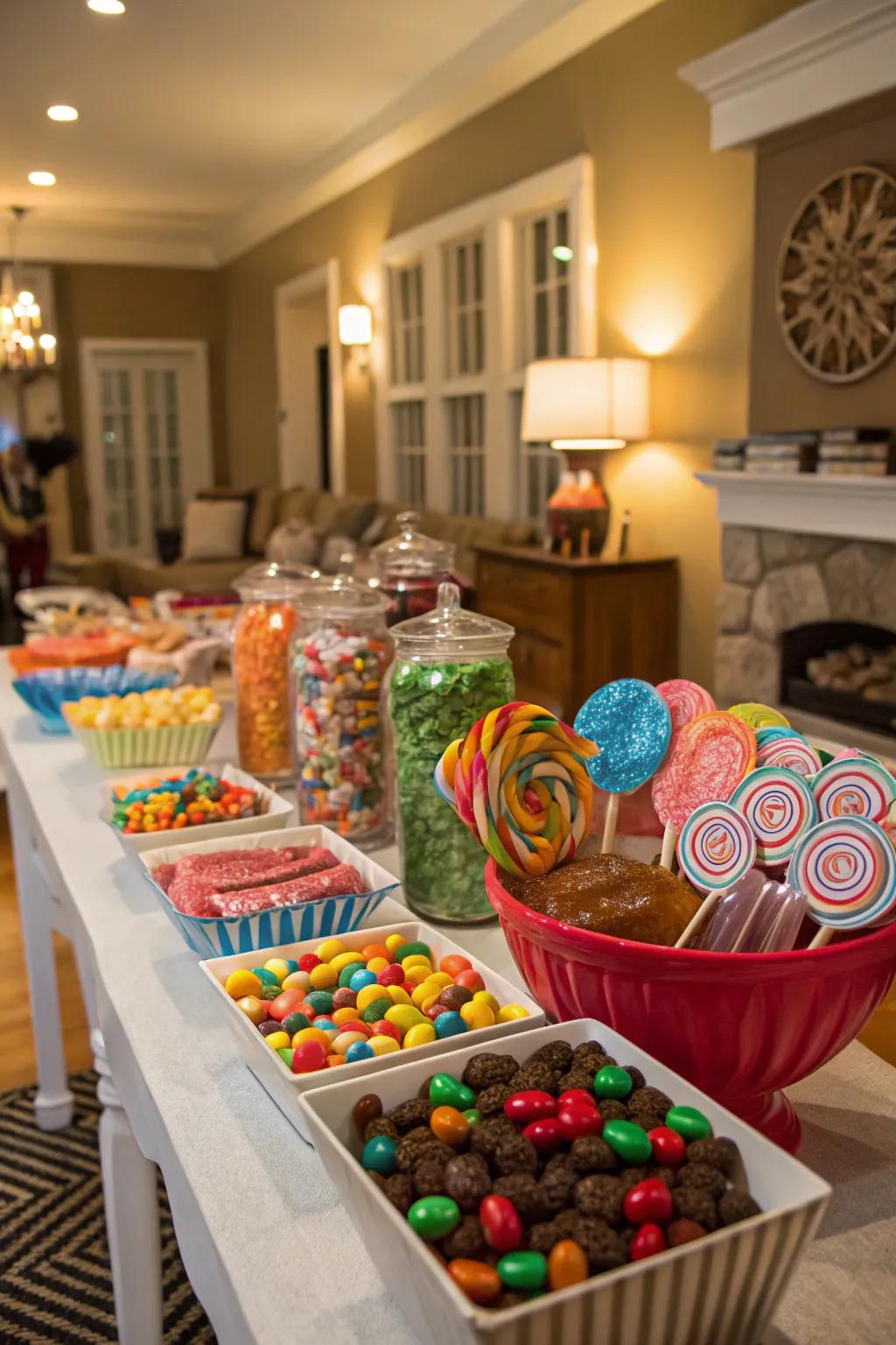 A candy table brimming with a delightful variety of sweets