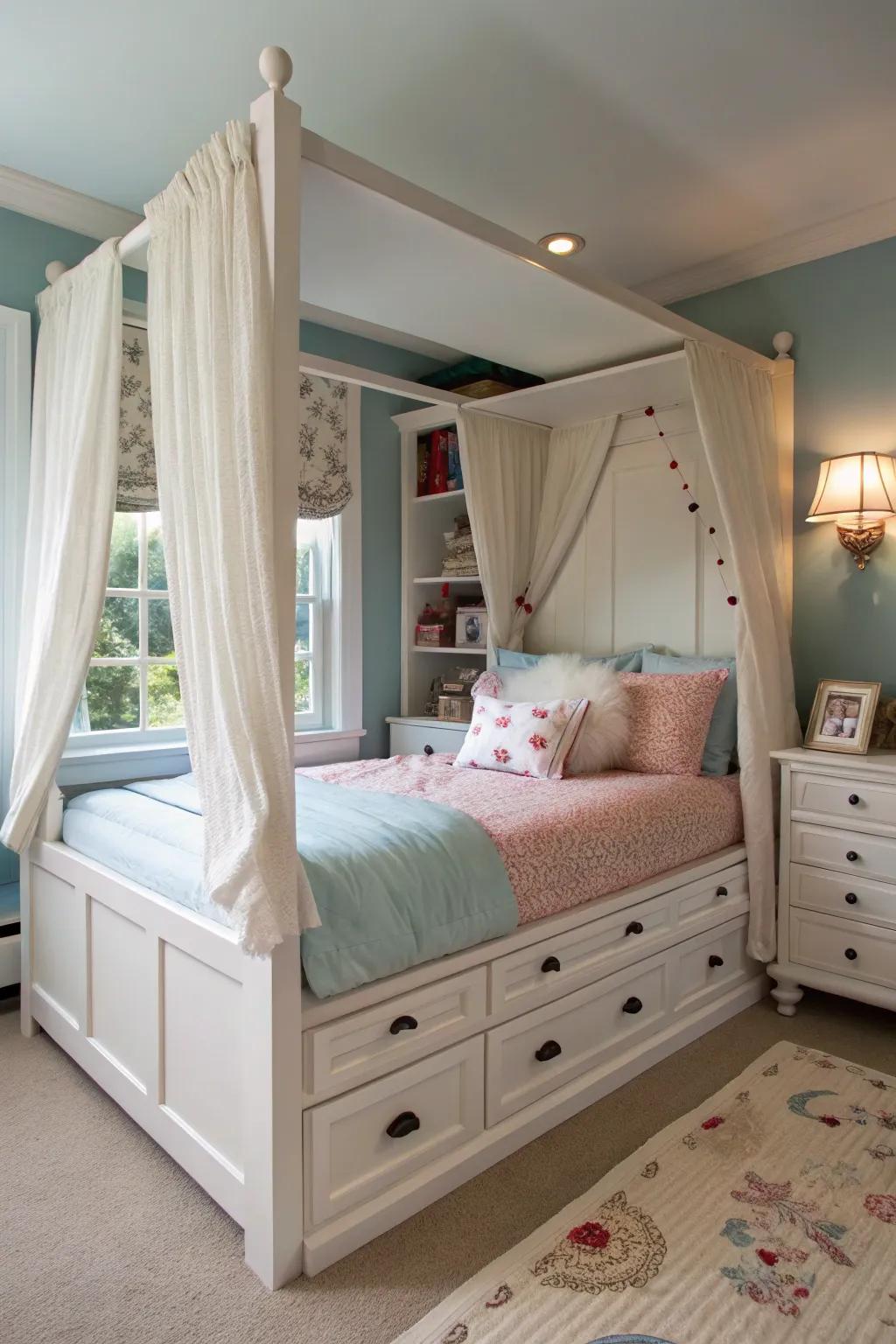 A canopy bed with built-in storage maximizes functionality.