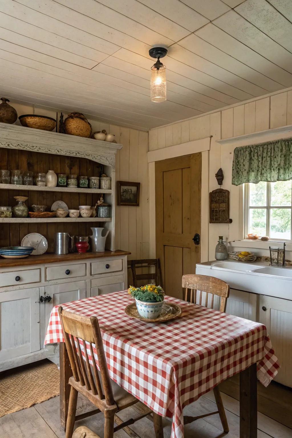 A cozy kitchen with beadboard ceiling tiles for a cottage feel.