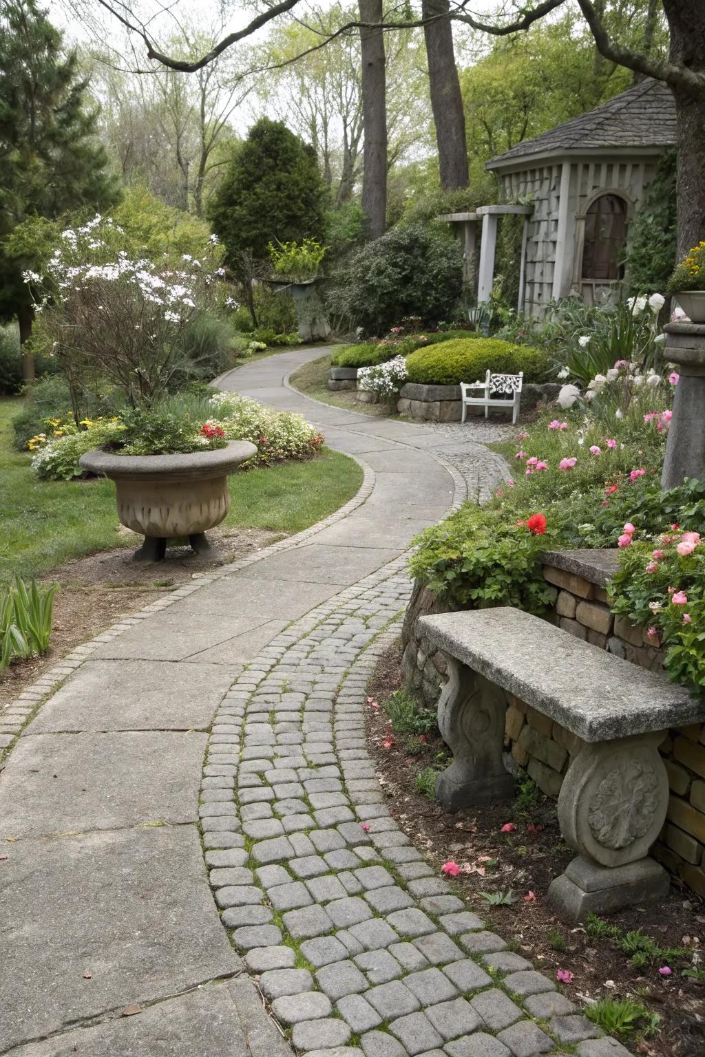 Cement walkway with a vintage cobblestone pattern for timeless appeal.