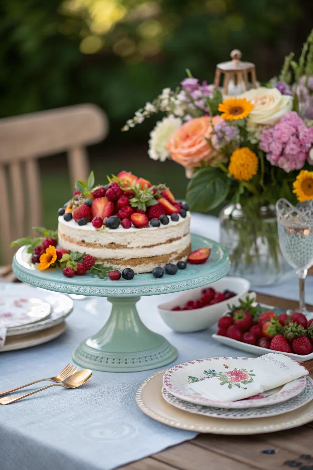 Chic and elevated centerpiece with a cake stand base.