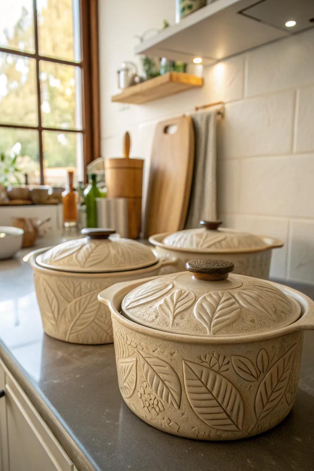 Textured ceramic vessels bring a natural feel to your kitchen.