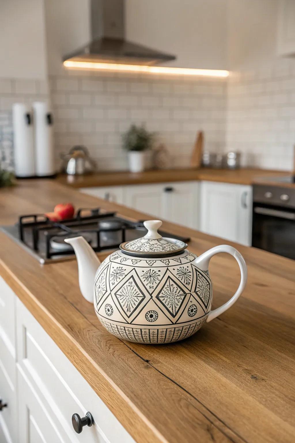 Geometric designs bring a modern edge to traditional teapots.