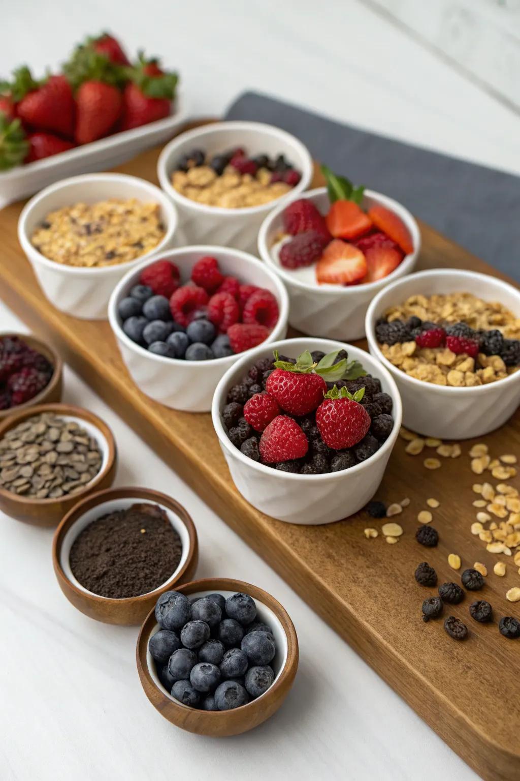 A variety of toppings for a personalized cereal experience.