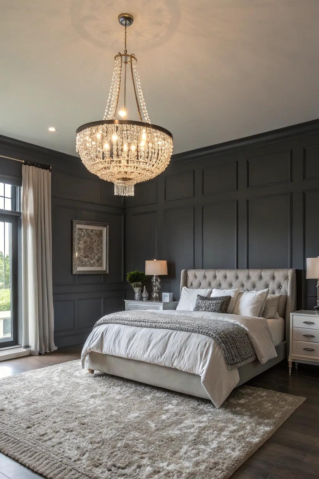 Lighting that elevates the elegance of a charcoal bedroom.