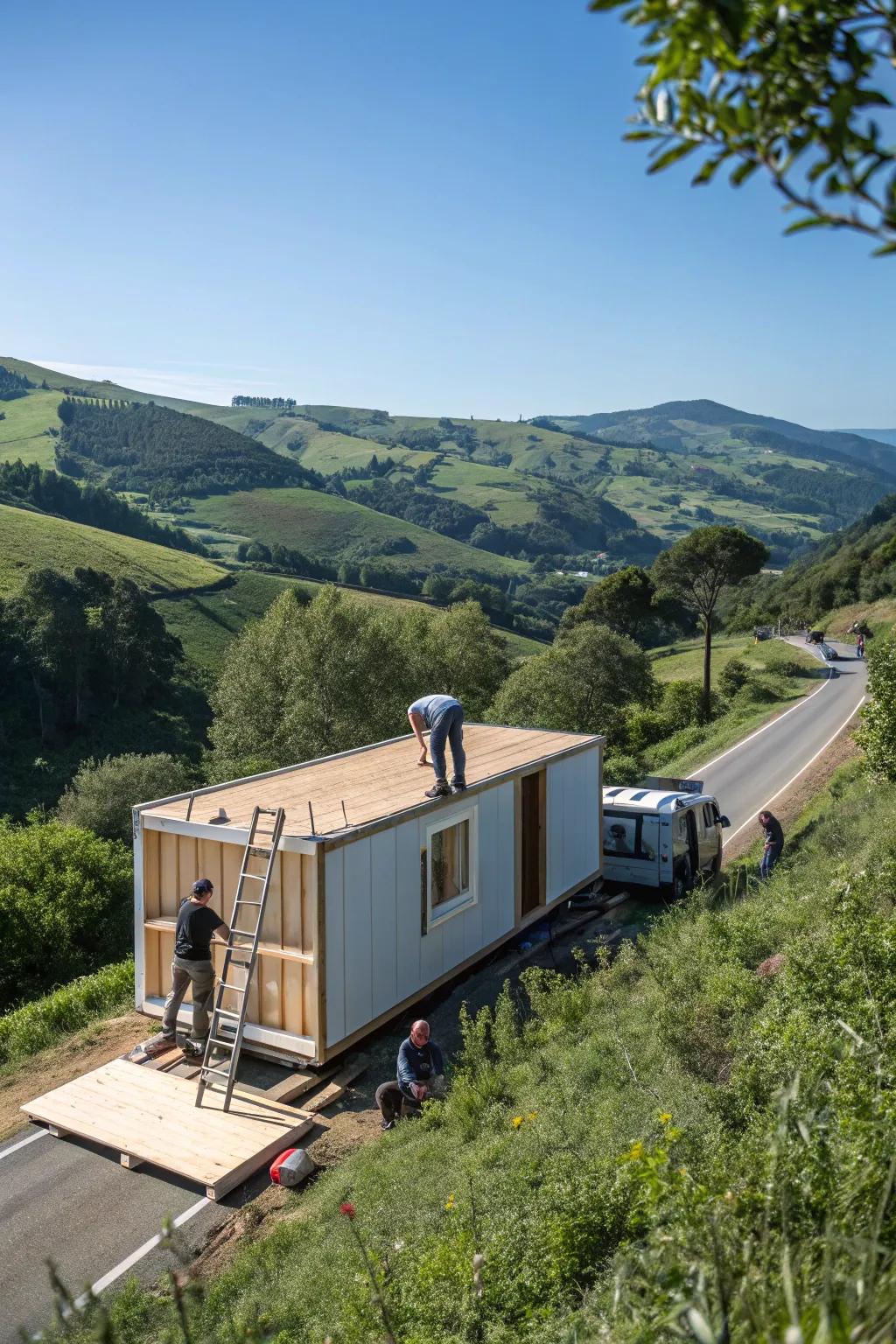 Efficient and stylish prefabricated home amidst a peaceful landscape.