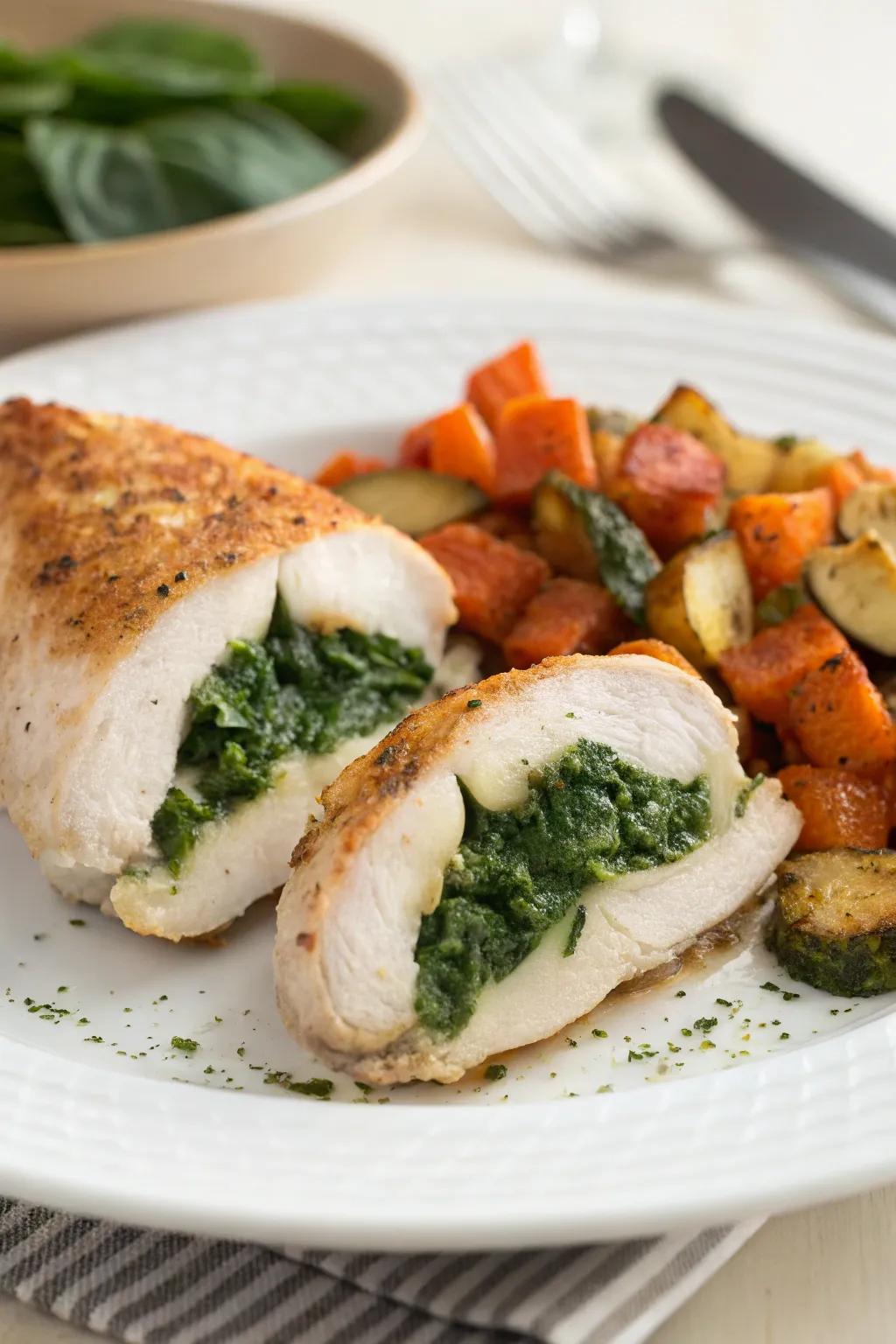 Spinach-stuffed chicken breasts, a delightful surprise.