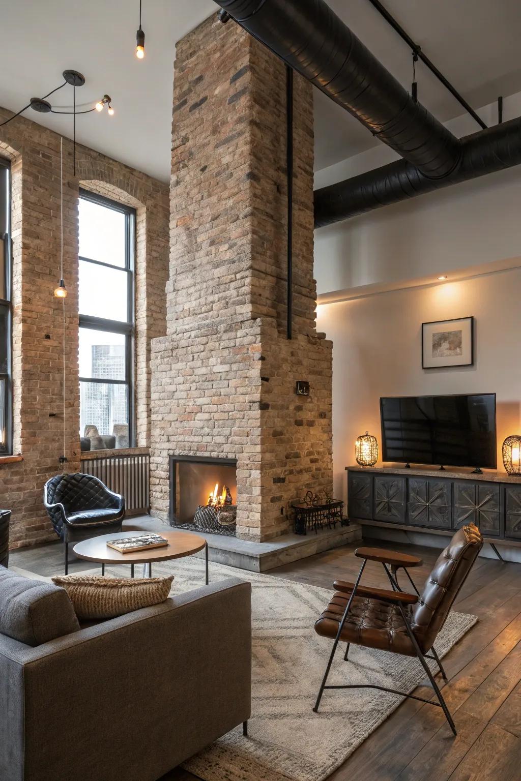 Exposed brick adds warmth and an urban touch to this modern living space.