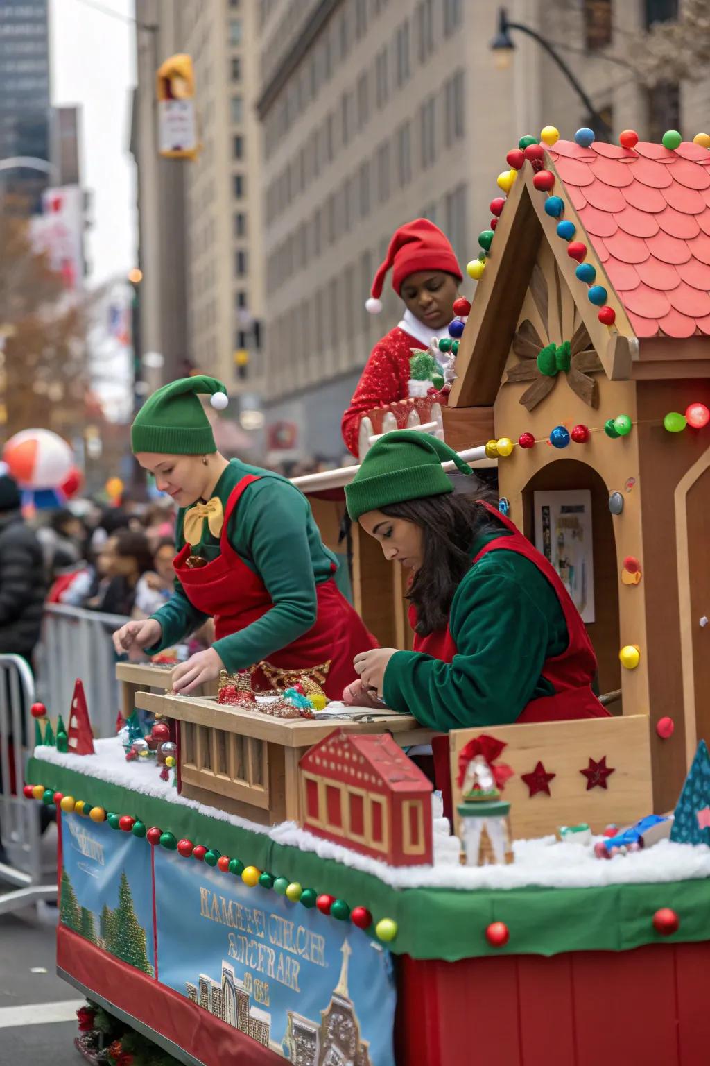 Santa's Global Workshop float with multicultural elves creating unique crafts.