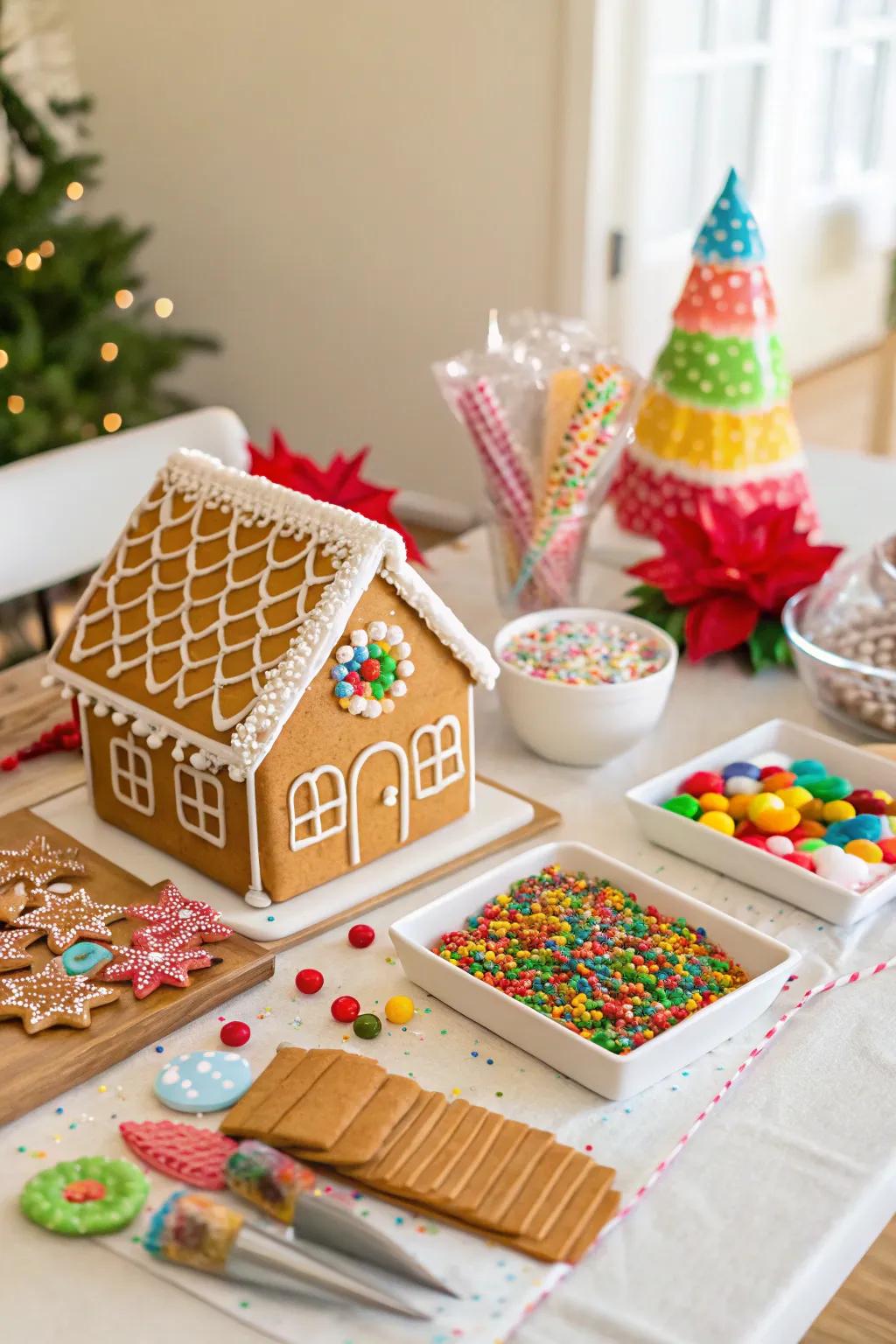 Encourage creativity with a gingerbread house decorating station.