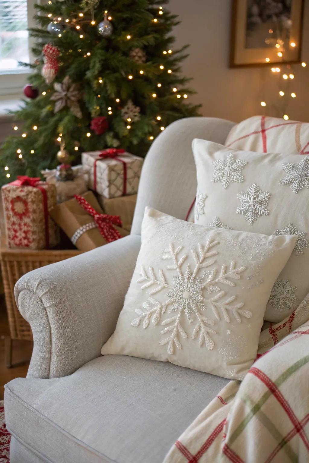 Snowflake appliques add a touch of winter magic indoors.