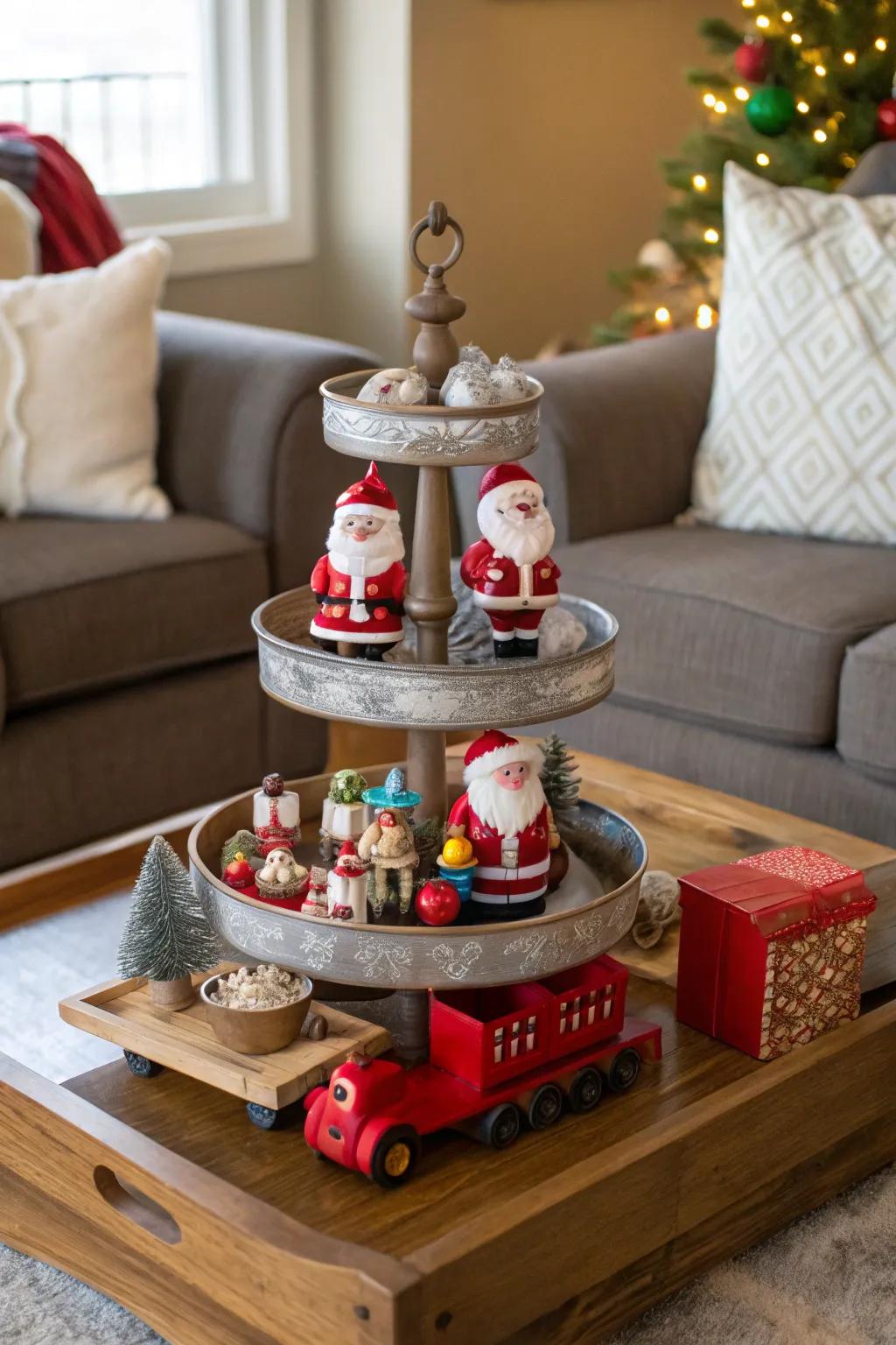 Santa's workshop comes to life on this festive tiered tray.