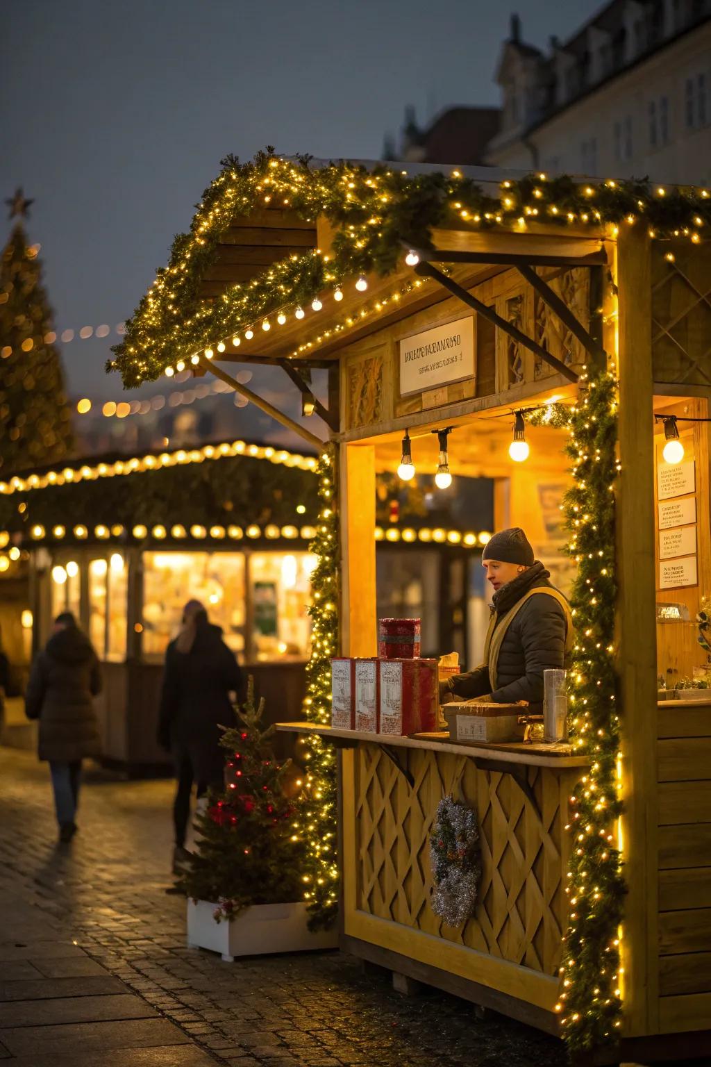 Warm festive lighting creates an inviting glow for your booth.