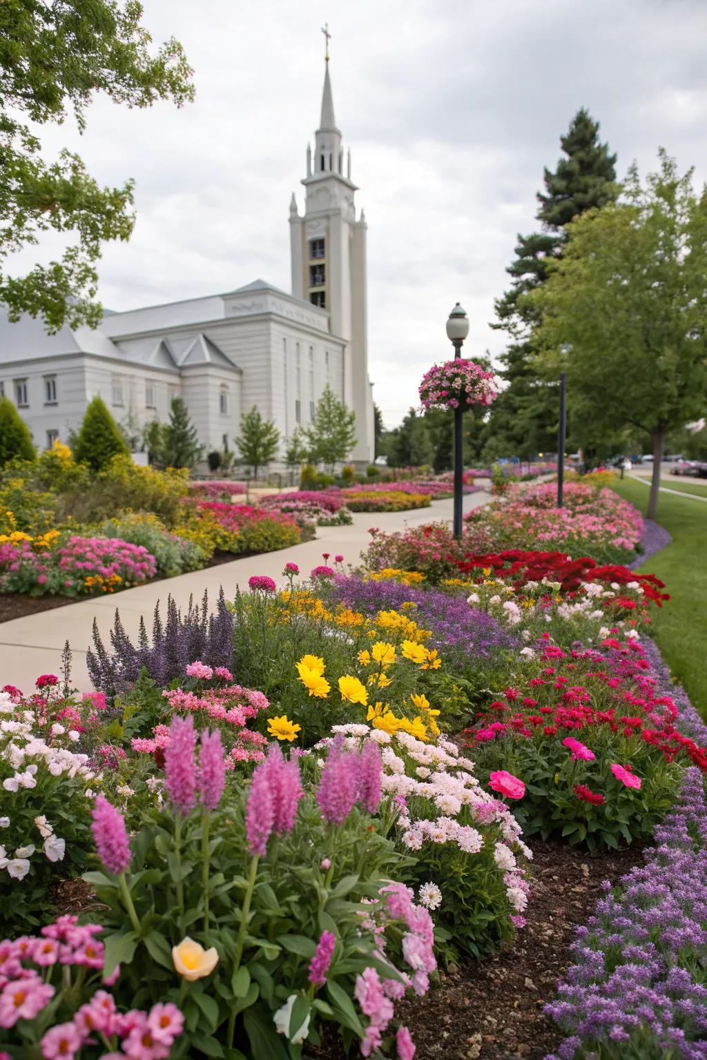 Colorful flower beds add a touch of inspiration to church gardens.