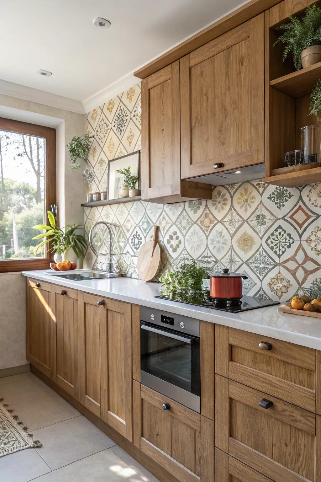 Patterned tiles add a touch of sophistication to a classic kitchen.