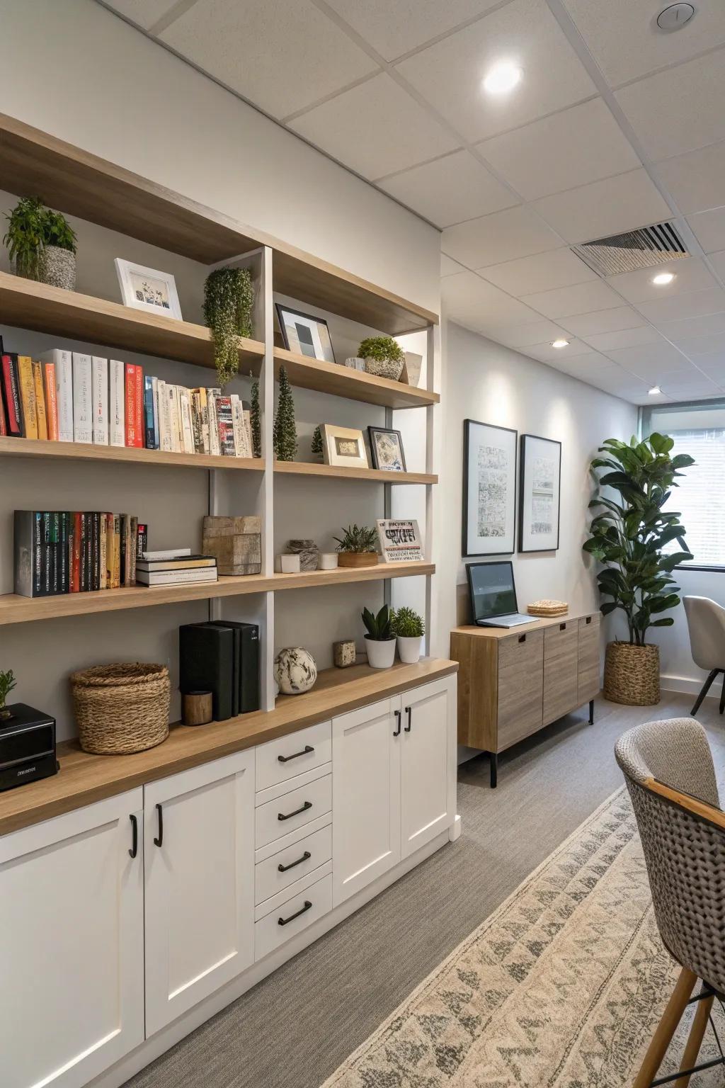 Floating shelves add sophistication while keeping the office organized.