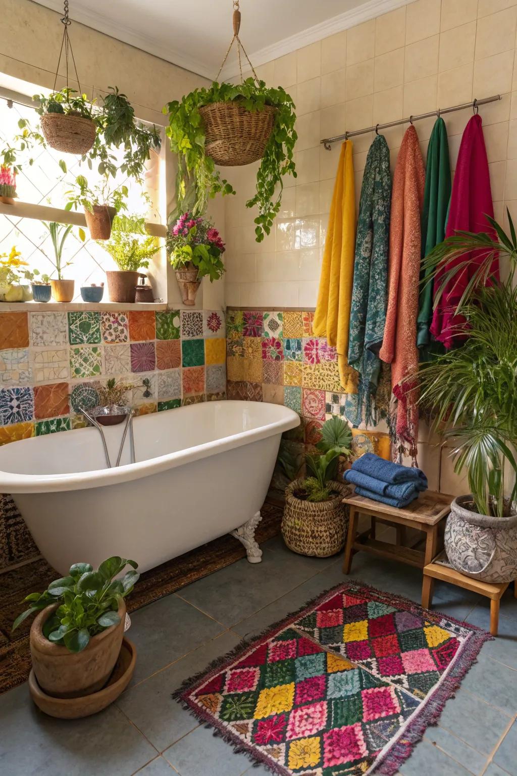 An eclectic bohemian bathroom where creativity and comfort meet.