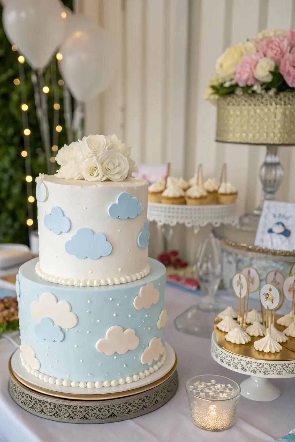 A cloud-themed cake serves as a delightful centerpiece, bringing sweetness to the celebration.