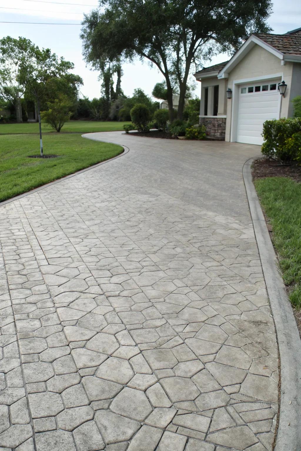 A textured concrete driveway that offers the charm of cobblestone.