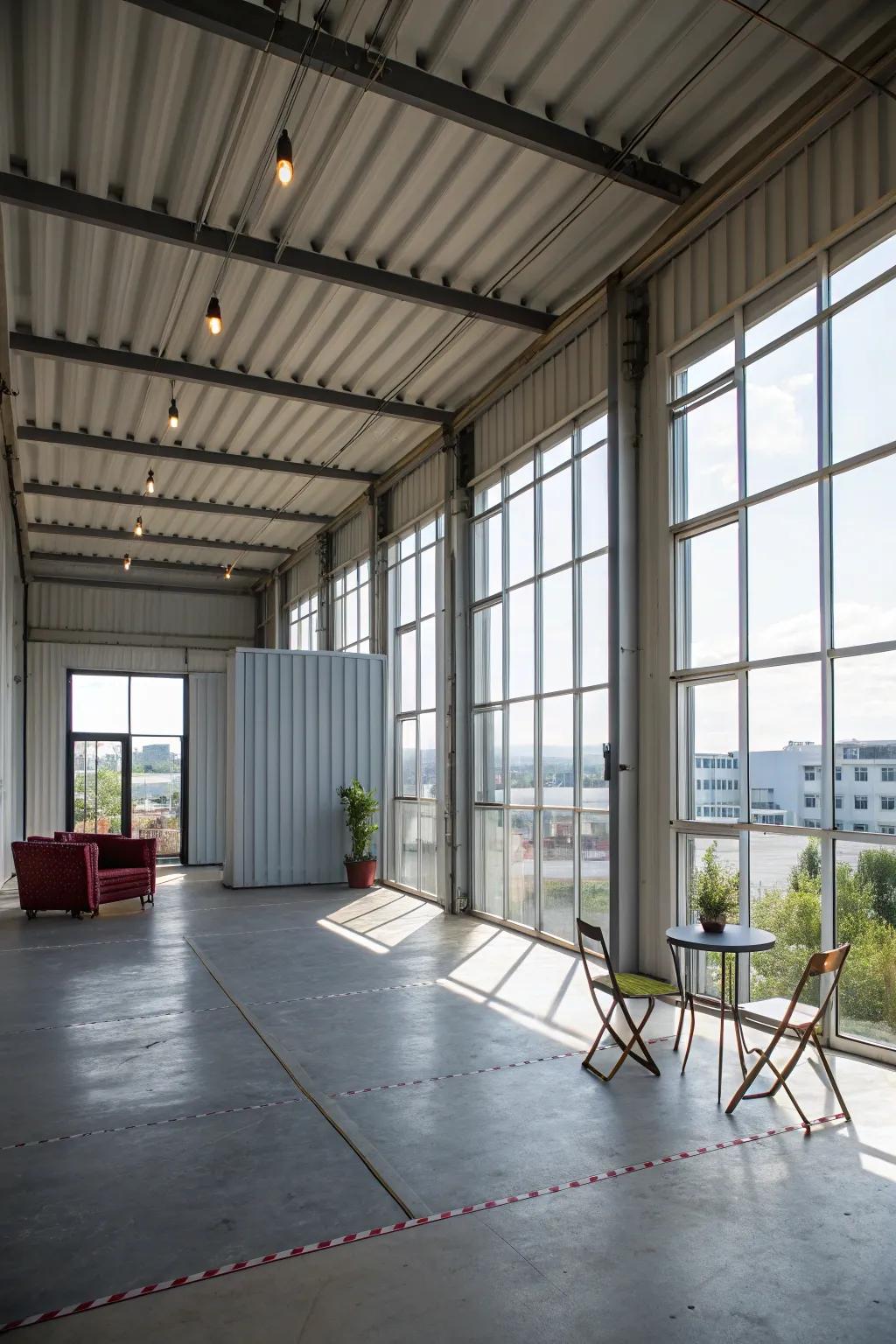 An open layout in a shipping container allows for flexible storage solutions.