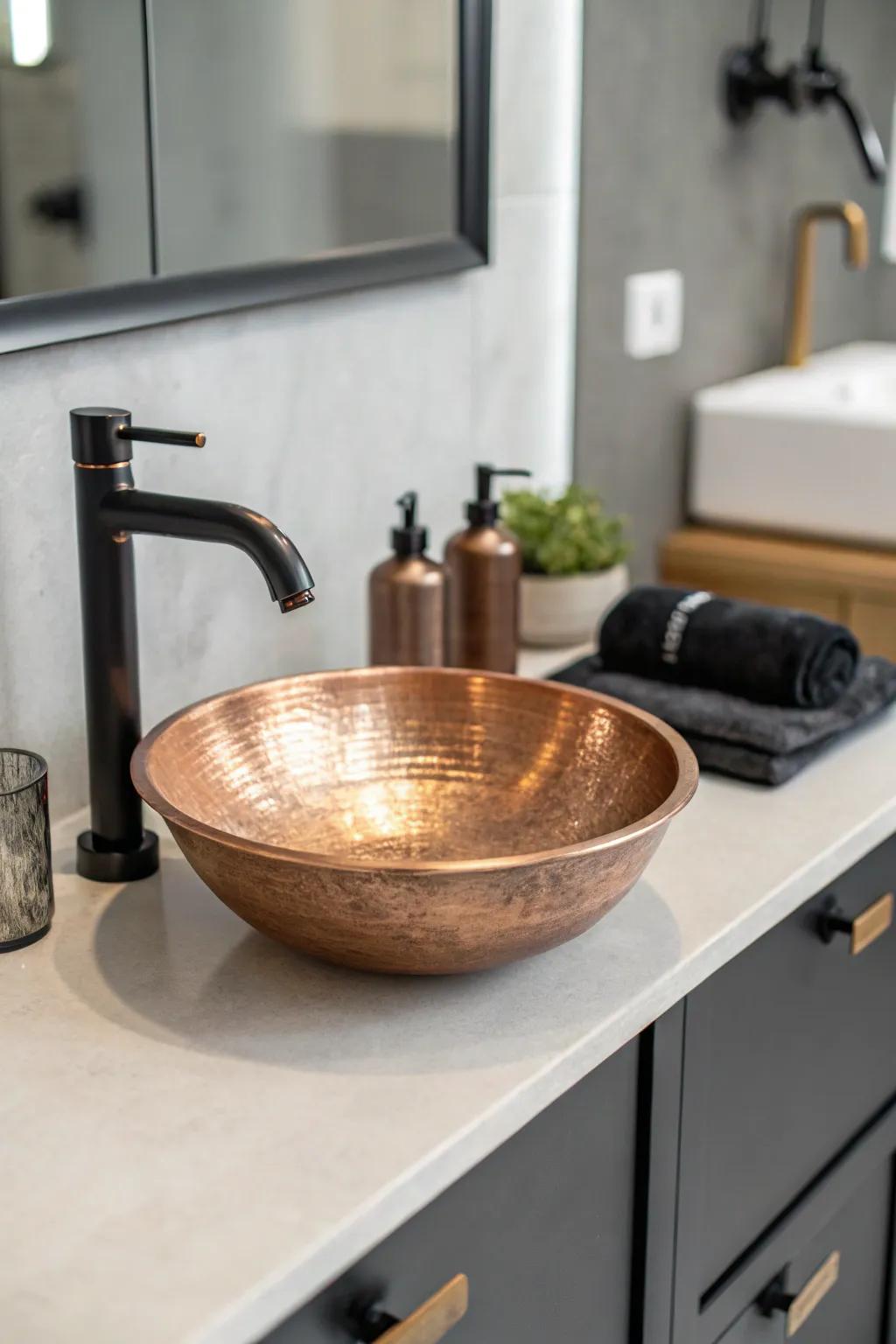 Copper sinks bring a touch of elegance and uniqueness to bathroom vanities.