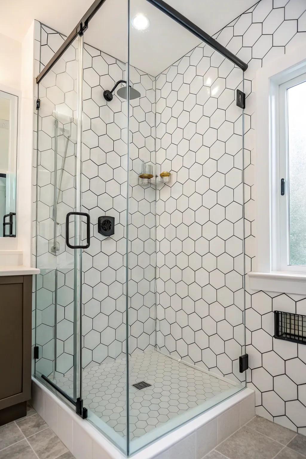 Hexagonal tiles add a modern geometric appeal to your shower space.