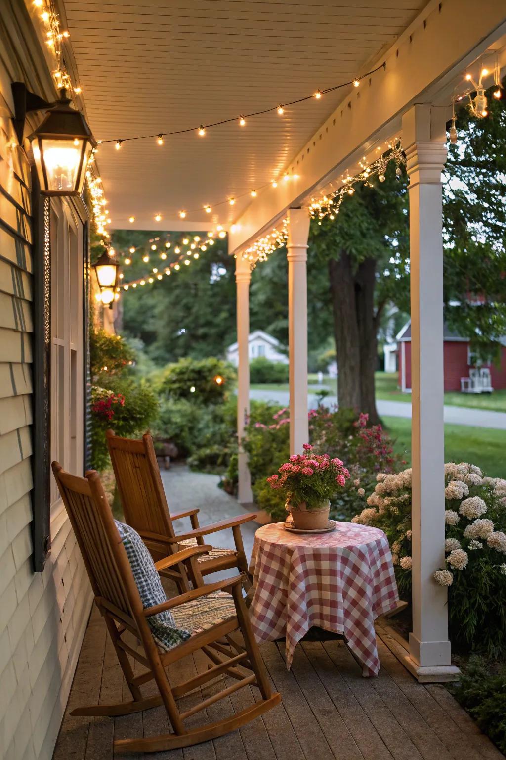 A cozy porch illuminated by warm string lights.