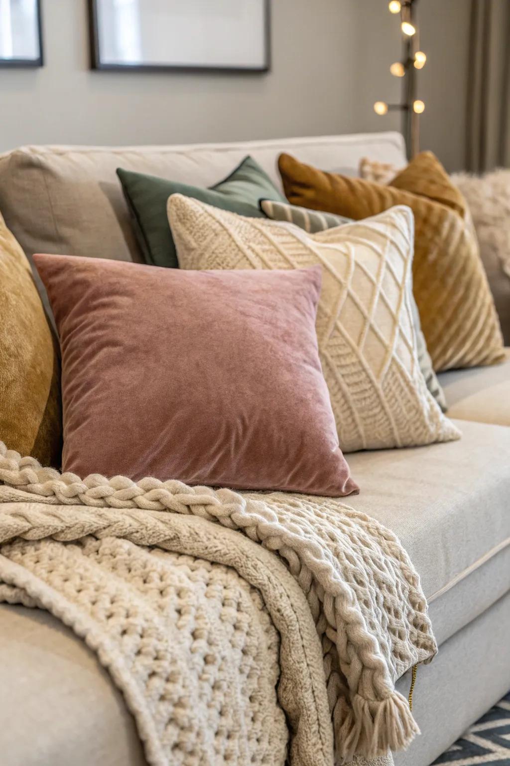 A mix of textures brings depth and warmth to the couch.