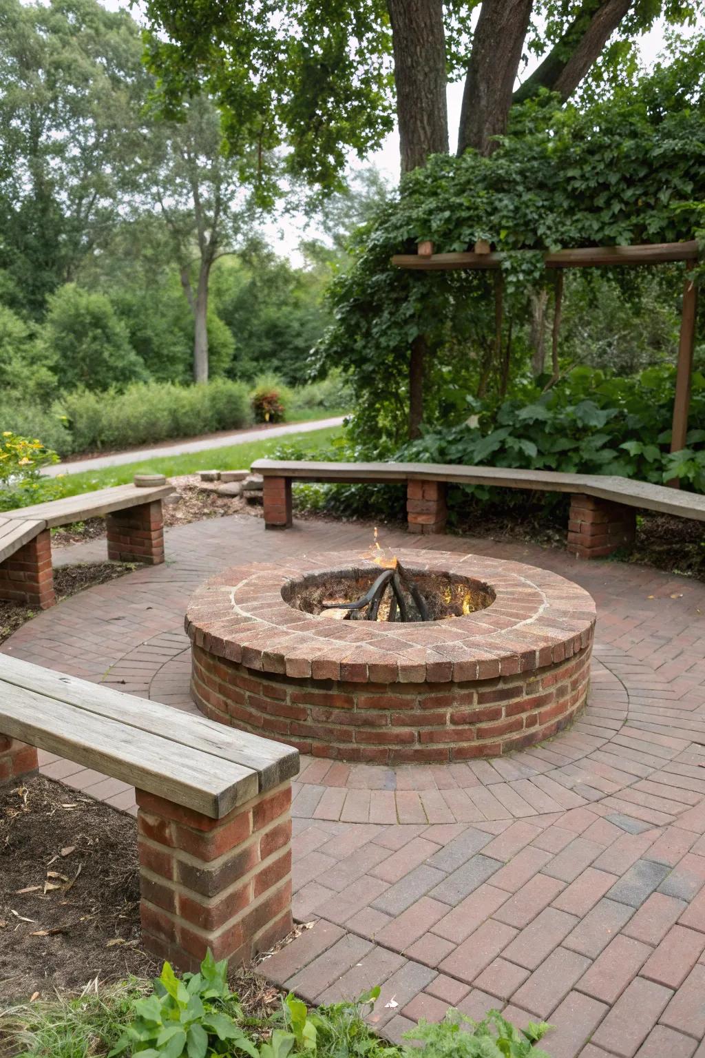 Bricks and wood blend beautifully to create a charming rustic fire pit.