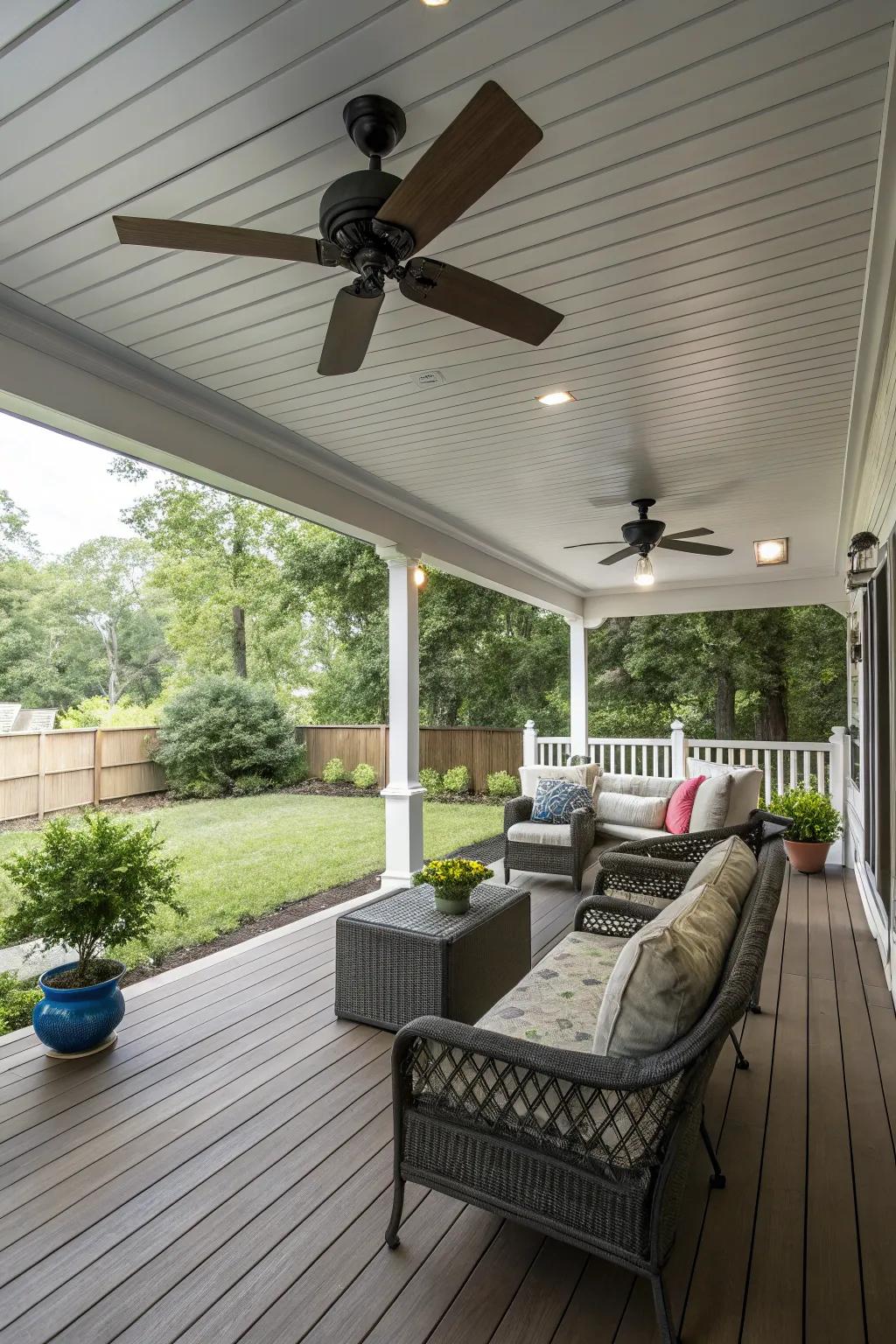 Ceiling fans offer both style and comfort on warm days.