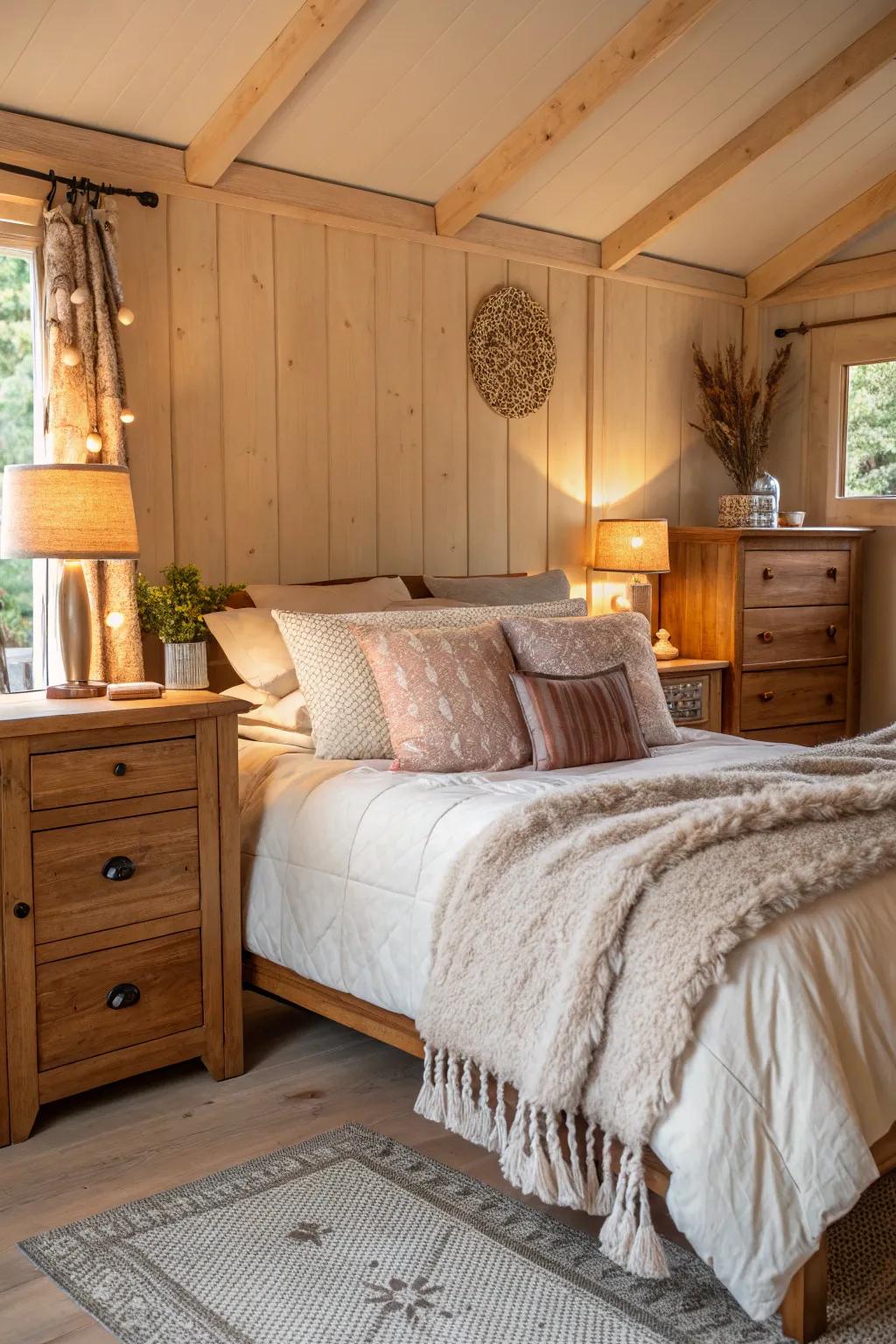 A bedroom with warm wooden furniture and a cozy, inviting ambiance.