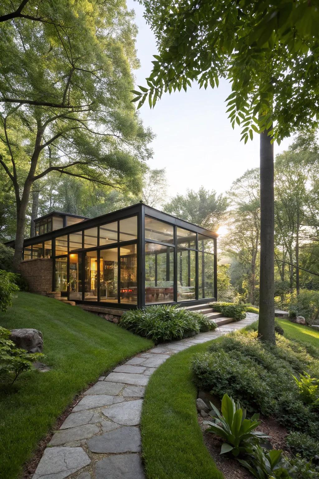 A glass house that offers breathtaking views and a strong connection to nature.