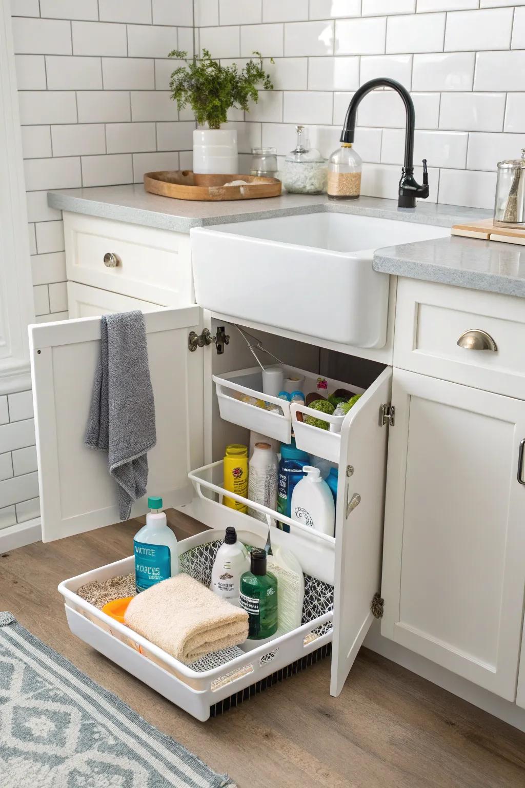 Under-sink organizers keep essentials out of sight but within reach.