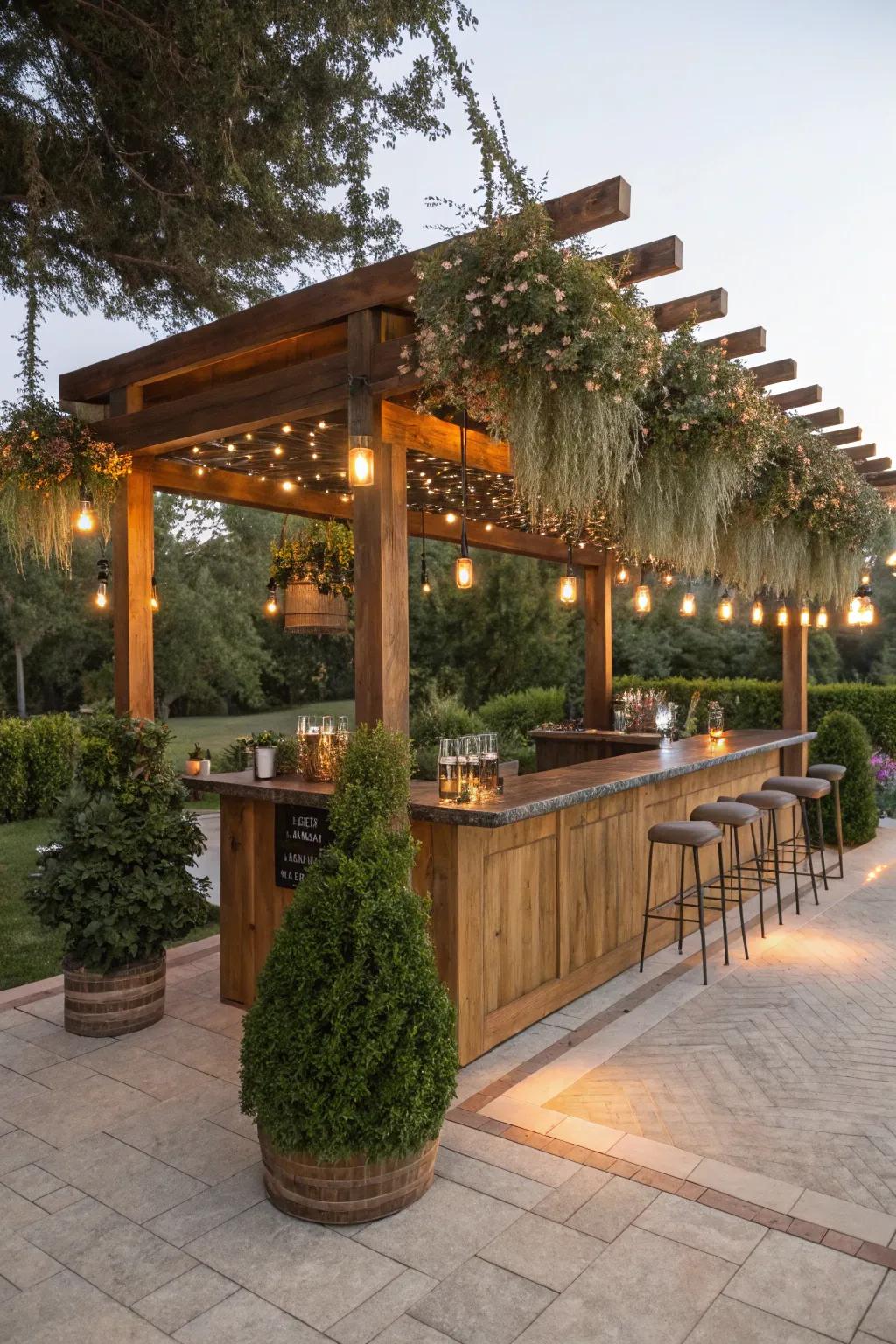 A pergola adds elegance and functionality to this outdoor bar.