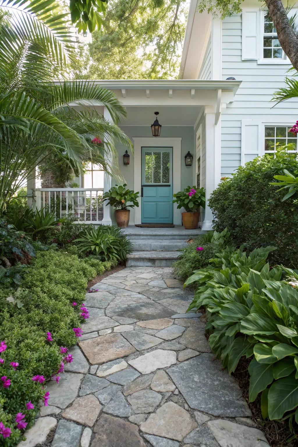 Stone pathways offer a rustic and welcoming path to your home.