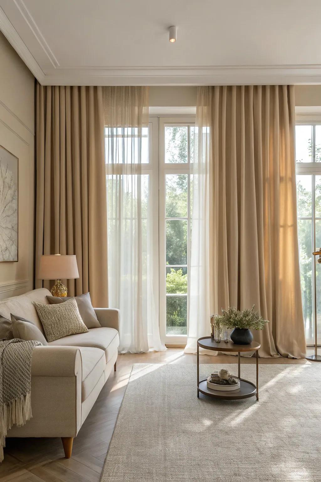 Neutral tones create an elegant atmosphere in the living room.