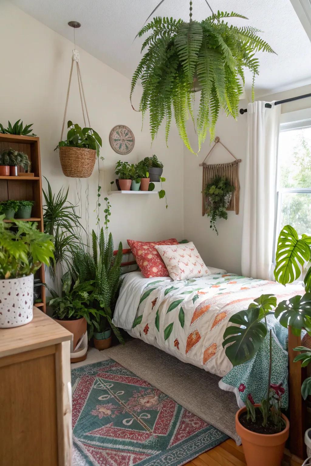 A lively teen room with a variety of indoor plants.